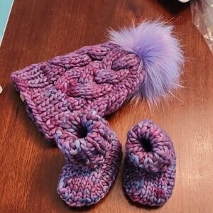 Purple Knitted Kids Hat and Booties Set